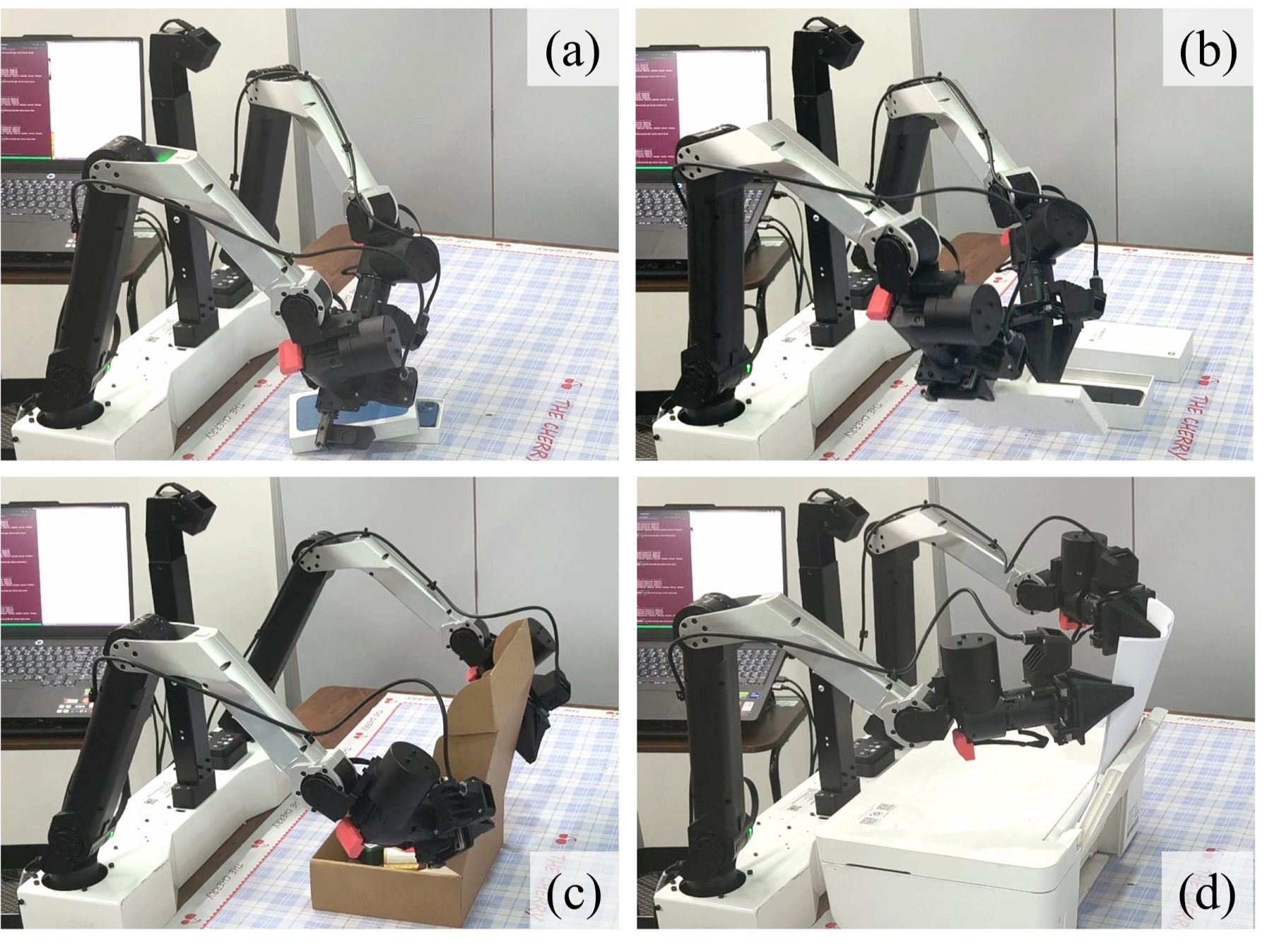 Representative scenes of the four real-world manipulation tasks: Pack Phone Easy, Pack Phone Hard, Pack Box, and Refill Printer Paper.